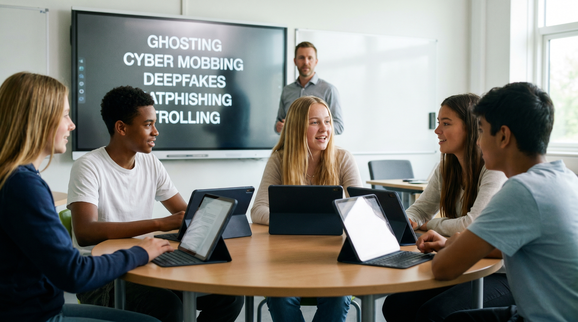 Schülerinnen und Schüler diskutieren im Klassenraum über digitale Gewalt – Begriffe wie Cybermobbing, Deepfakes und Catphishing auf dem Smartboard